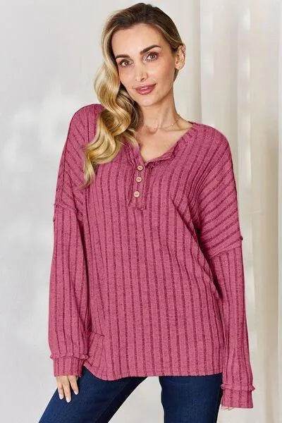 Basic Bae Full Size Ribbed Half Button Long Sleeve T-Shirt | Bona Fide Fashion - Bona Fide Fashion