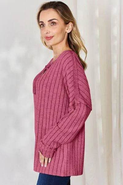 Basic Bae Full Size Ribbed Half Button Long Sleeve T-Shirt | Bona Fide Fashion - Bona Fide Fashion