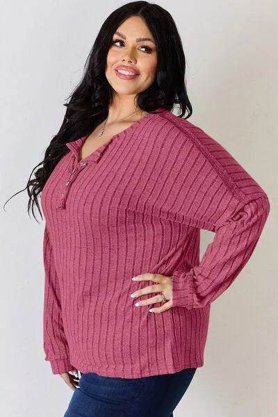 Basic Bae Full Size Ribbed Half Button Long Sleeve T-Shirt | Bona Fide Fashion - Bona Fide Fashion