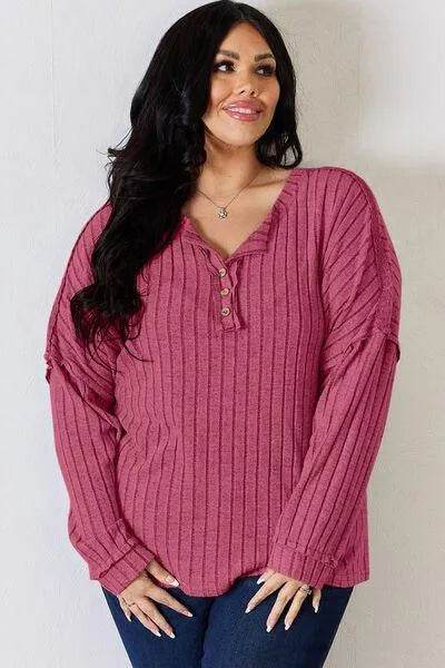 Basic Bae Full Size Ribbed Half Button Long Sleeve T-Shirt | Bona Fide Fashion - Bona Fide Fashion