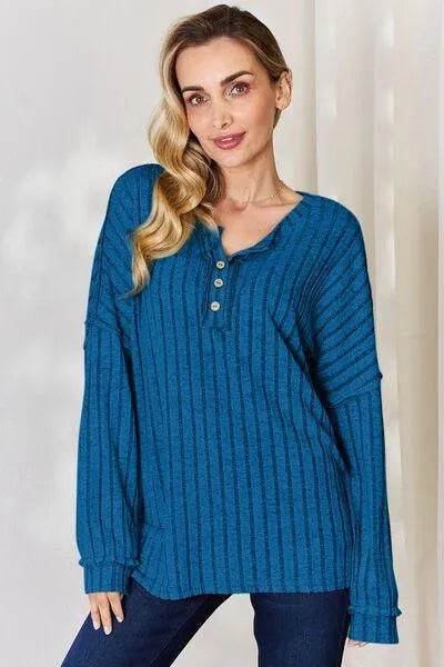 Basic Bae Full Size Ribbed Half Button Long Sleeve T-Shirt | Bona Fide Fashion - Bona Fide Fashion