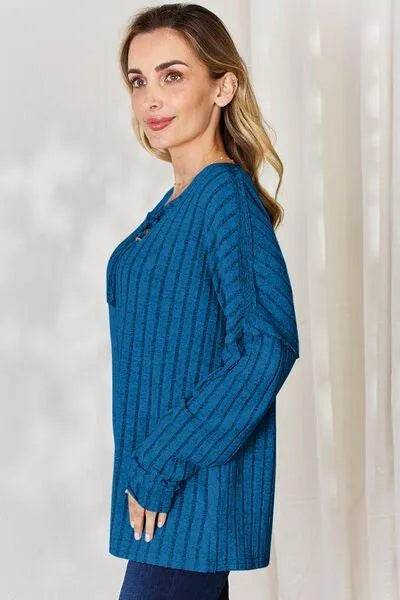 Basic Bae Full Size Ribbed Half Button Long Sleeve T-Shirt | Bona Fide Fashion - Bona Fide Fashion