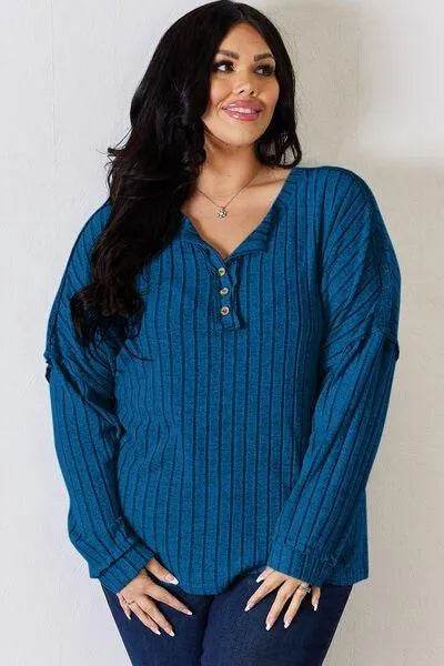 Basic Bae Full Size Ribbed Half Button Long Sleeve T-Shirt | Bona Fide Fashion - Bona Fide Fashion