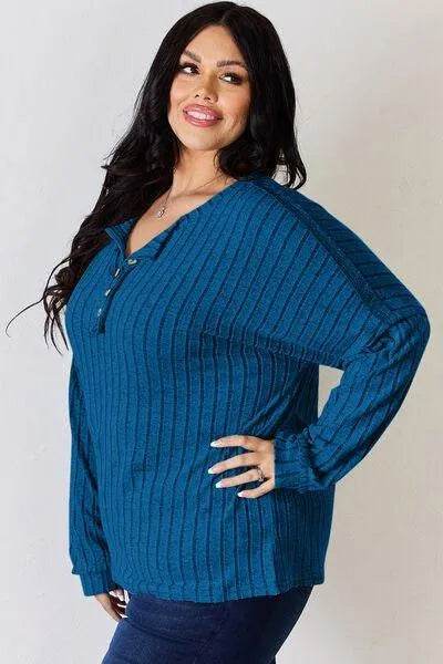 Basic Bae Full Size Ribbed Half Button Long Sleeve T-Shirt | Bona Fide Fashion - Bona Fide Fashion