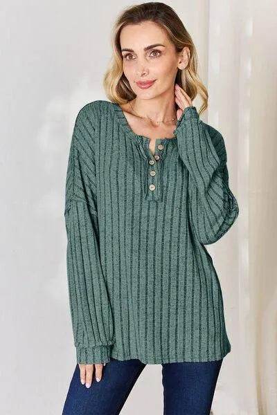 Basic Bae Full Size Ribbed Half Button Long Sleeve T-Shirt | Bona Fide Fashion - Bona Fide Fashion