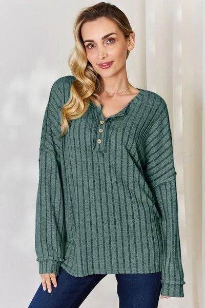 Basic Bae Full Size Ribbed Half Button Long Sleeve T-Shirt | Bona Fide Fashion - Bona Fide Fashion