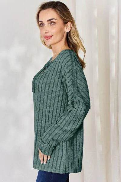 Basic Bae Full Size Ribbed Half Button Long Sleeve T-Shirt | Bona Fide Fashion - Bona Fide Fashion