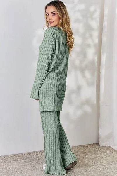 Basic Bae Full Size Ribbed High-Low Top and Wide Leg Pants Set | Bona Fide Fashion - Bona Fide Fashion