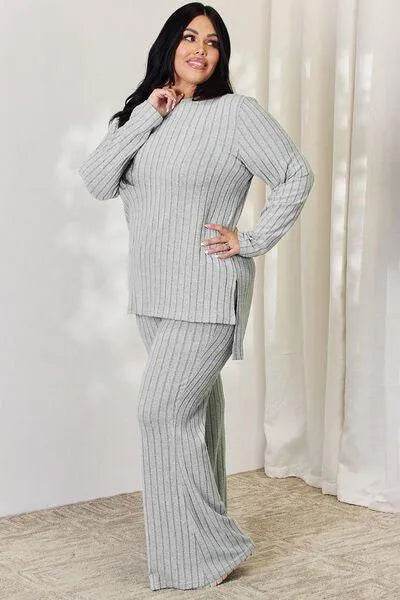 Basic Bae Full Size Ribbed High-Low Top and Wide Leg Pants Set | Bona Fide Fashion - Bona Fide Fashion