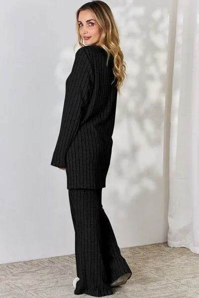 Basic Bae Full Size Ribbed High-Low Top and Wide Leg Pants Set | Bona Fide Fashion - Bona Fide Fashion