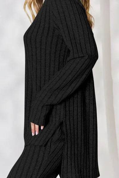 Basic Bae Full Size Ribbed High-Low Top and Wide Leg Pants Set | Bona Fide Fashion - Bona Fide Fashion