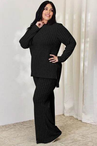 Basic Bae Full Size Ribbed High-Low Top and Wide Leg Pants Set | Bona Fide Fashion - Bona Fide Fashion