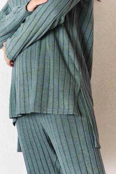 Basic Bae Full Size Ribbed Round Neck High-Low Slit Top and Pants Set | Bona Fide Fashion - Bona Fide Fashion