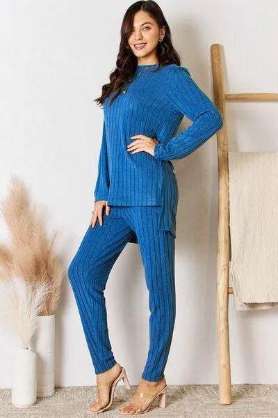 Basic Bae Full Size Ribbed Round Neck High-Low Slit Top and Pants Set | Bona Fide Fashion - Bona Fide Fashion