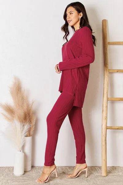 Basic Bae Full Size Ribbed Round Neck High-Low Slit Top and Pants Set | Bona Fide Fashion - Bona Fide Fashion