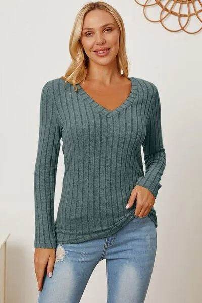 Full Size Ribbed V-Neck Long Sleeve T-Shirt – Everyday Comfort & Style | Bona Fide Fashion - Bona Fide Fashion