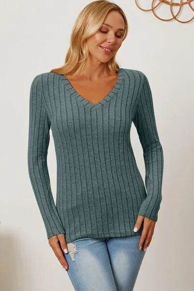Full Size Ribbed V-Neck Long Sleeve T-Shirt – Everyday Comfort & Style | Bona Fide Fashion - Bona Fide Fashion