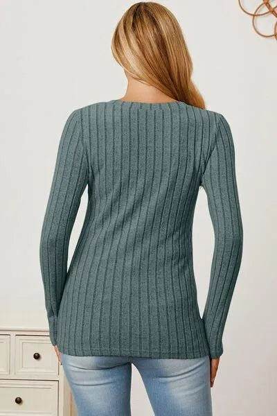 Full Size Ribbed V-Neck Long Sleeve T-Shirt – Everyday Comfort & Style | Bona Fide Fashion - Bona Fide Fashion