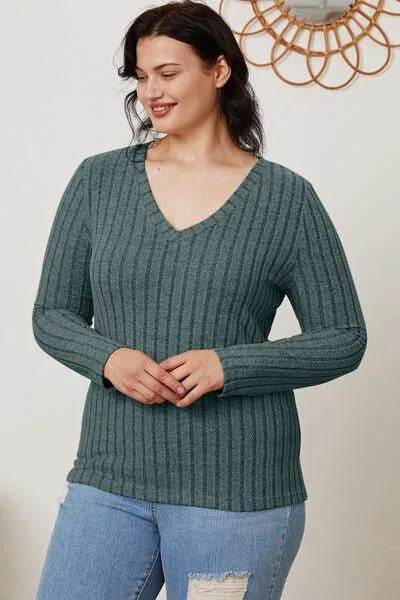 Full Size Ribbed V-Neck Long Sleeve T-Shirt – Everyday Comfort & Style | Bona Fide Fashion - Bona Fide Fashion