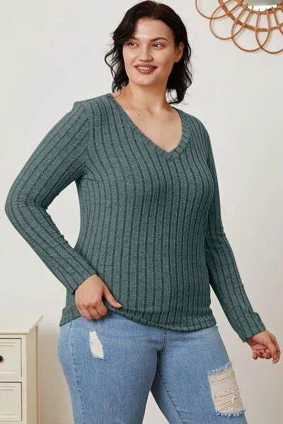 Full Size Ribbed V-Neck Long Sleeve T-Shirt – Everyday Comfort & Style | Bona Fide Fashion - Bona Fide Fashion