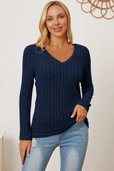 Full Size Ribbed V-Neck Long Sleeve T-Shirt – Everyday Comfort & Style | Bona Fide Fashion - Bona Fide Fashion