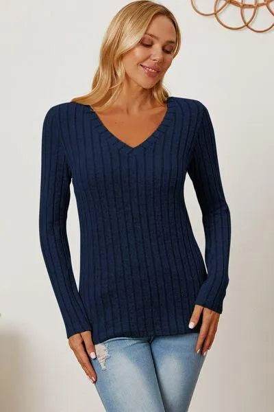 Full Size Ribbed V-Neck Long Sleeve T-Shirt – Everyday Comfort & Style | Bona Fide Fashion - Bona Fide Fashion