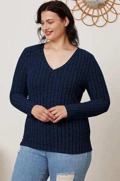 Full Size Ribbed V-Neck Long Sleeve T-Shirt – Everyday Comfort & Style | Bona Fide Fashion - Bona Fide Fashion