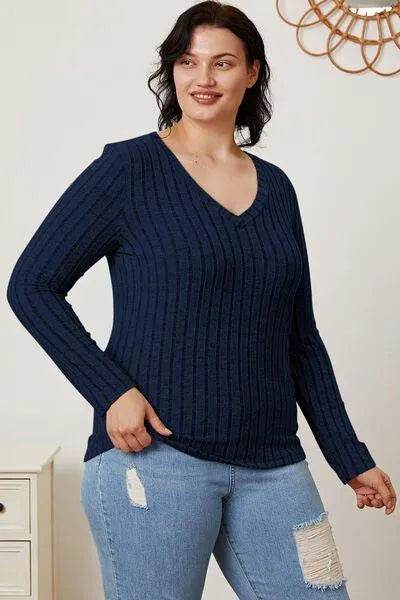 Full Size Ribbed V-Neck Long Sleeve T-Shirt – Everyday Comfort & Style | Bona Fide Fashion - Bona Fide Fashion