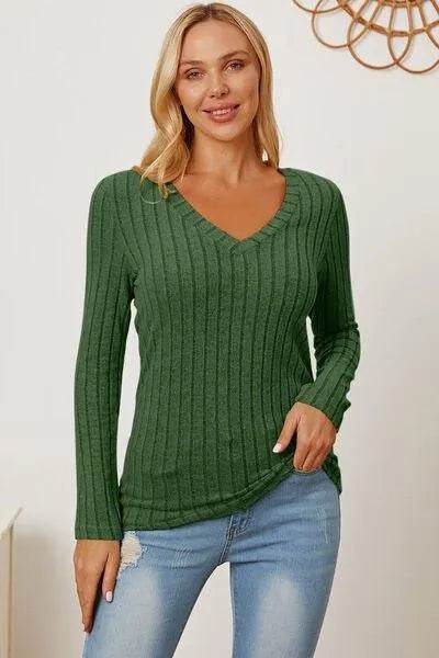 Full Size Ribbed V-Neck Long Sleeve T-Shirt – Everyday Comfort & Style | Bona Fide Fashion - Bona Fide Fashion