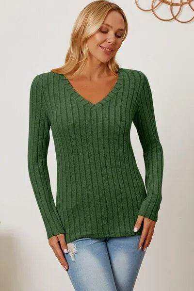 Full Size Ribbed V-Neck Long Sleeve T-Shirt – Everyday Comfort & Style | Bona Fide Fashion - Bona Fide Fashion