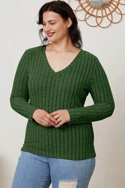 Full Size Ribbed V-Neck Long Sleeve T-Shirt – Everyday Comfort & Style | Bona Fide Fashion - Bona Fide Fashion