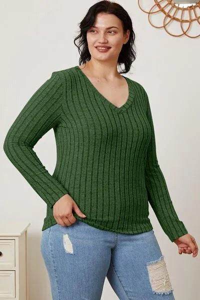Full Size Ribbed V-Neck Long Sleeve T-Shirt – Everyday Comfort & Style | Bona Fide Fashion - Bona Fide Fashion