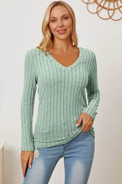 Full Size Ribbed V-Neck Long Sleeve T-Shirt – Everyday Comfort & Style | Bona Fide Fashion - Bona Fide Fashion