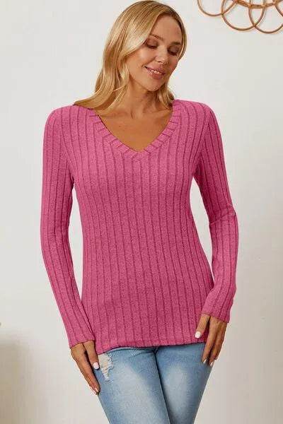 Full Size Ribbed V-Neck Long Sleeve T-Shirt – Everyday Comfort & Style | Bona Fide Fashion - Bona Fide Fashion