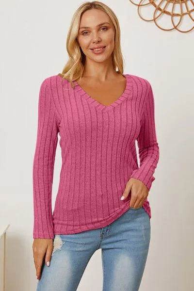 Full Size Ribbed V-Neck Long Sleeve T-Shirt – Everyday Comfort & Style | Bona Fide Fashion - Bona Fide Fashion