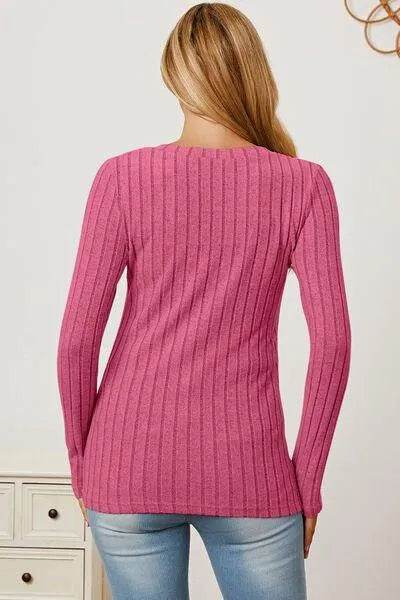 Full Size Ribbed V-Neck Long Sleeve T-Shirt – Everyday Comfort & Style | Bona Fide Fashion - Bona Fide Fashion