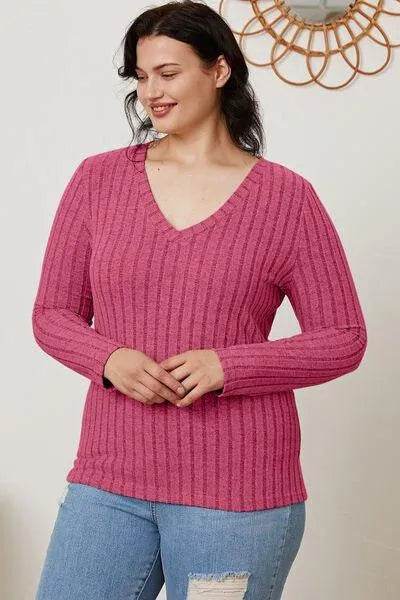 Full Size Ribbed V-Neck Long Sleeve T-Shirt – Everyday Comfort & Style | Bona Fide Fashion - Bona Fide Fashion