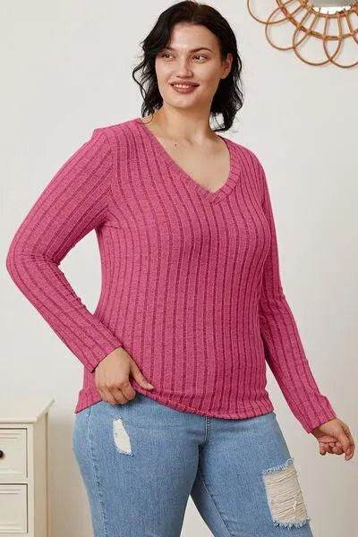 Full Size Ribbed V-Neck Long Sleeve T-Shirt – Everyday Comfort & Style | Bona Fide Fashion - Bona Fide Fashion