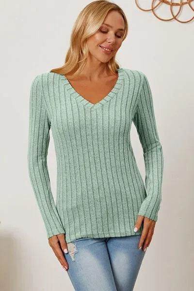 Full Size Ribbed V-Neck Long Sleeve T-Shirt – Everyday Comfort & Style | Bona Fide Fashion - Bona Fide Fashion