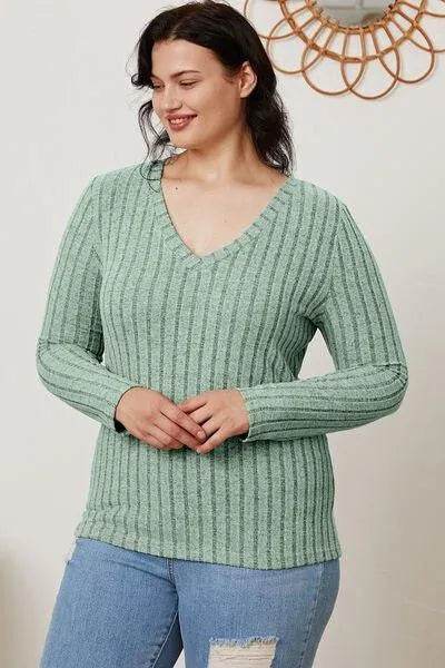 Full Size Ribbed V-Neck Long Sleeve T-Shirt – Everyday Comfort & Style | Bona Fide Fashion - Bona Fide Fashion