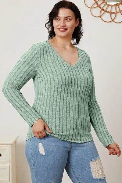 Full Size Ribbed V-Neck Long Sleeve T-Shirt – Everyday Comfort & Style | Bona Fide Fashion - Bona Fide Fashion