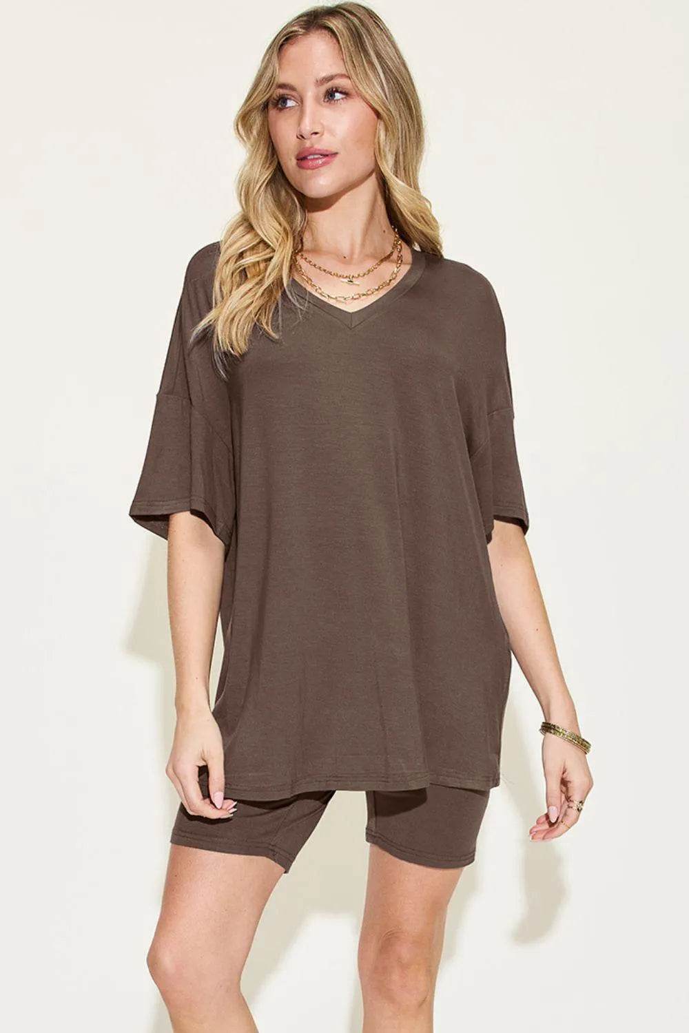 Full Size V-Neck Drop Shoulder T-Shirt & Shorts Set – Laid-Back Lounge Look | Bona Fide Fashion - Bona Fide Fashion