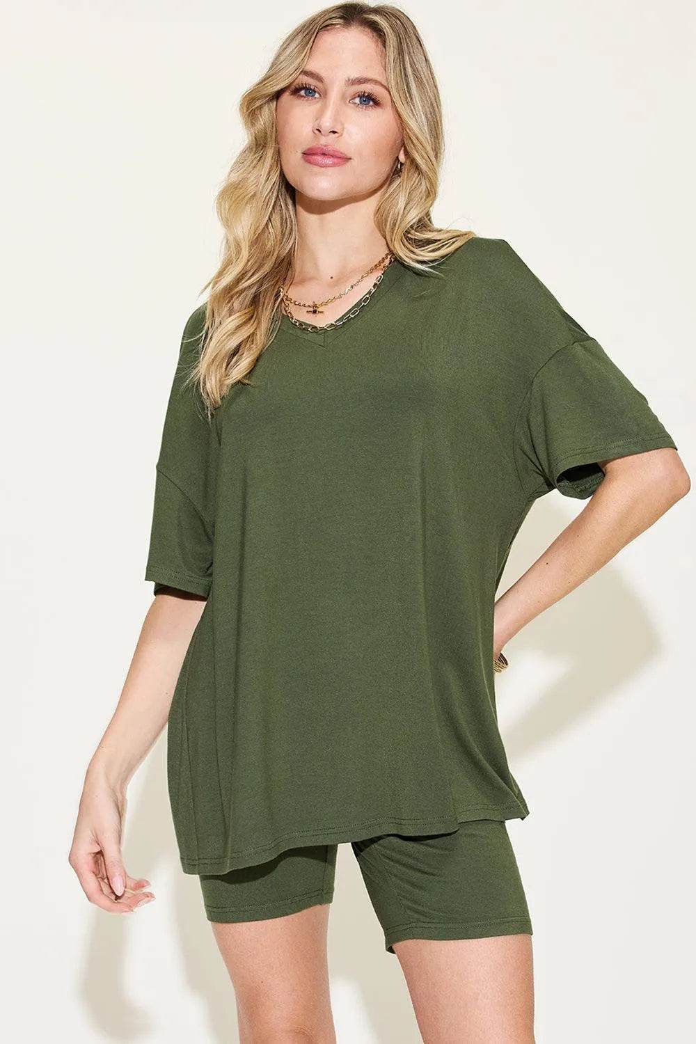 Full Size V-Neck Drop Shoulder T-Shirt & Shorts Set – Laid-Back Lounge Look | Bona Fide Fashion - Bona Fide Fashion