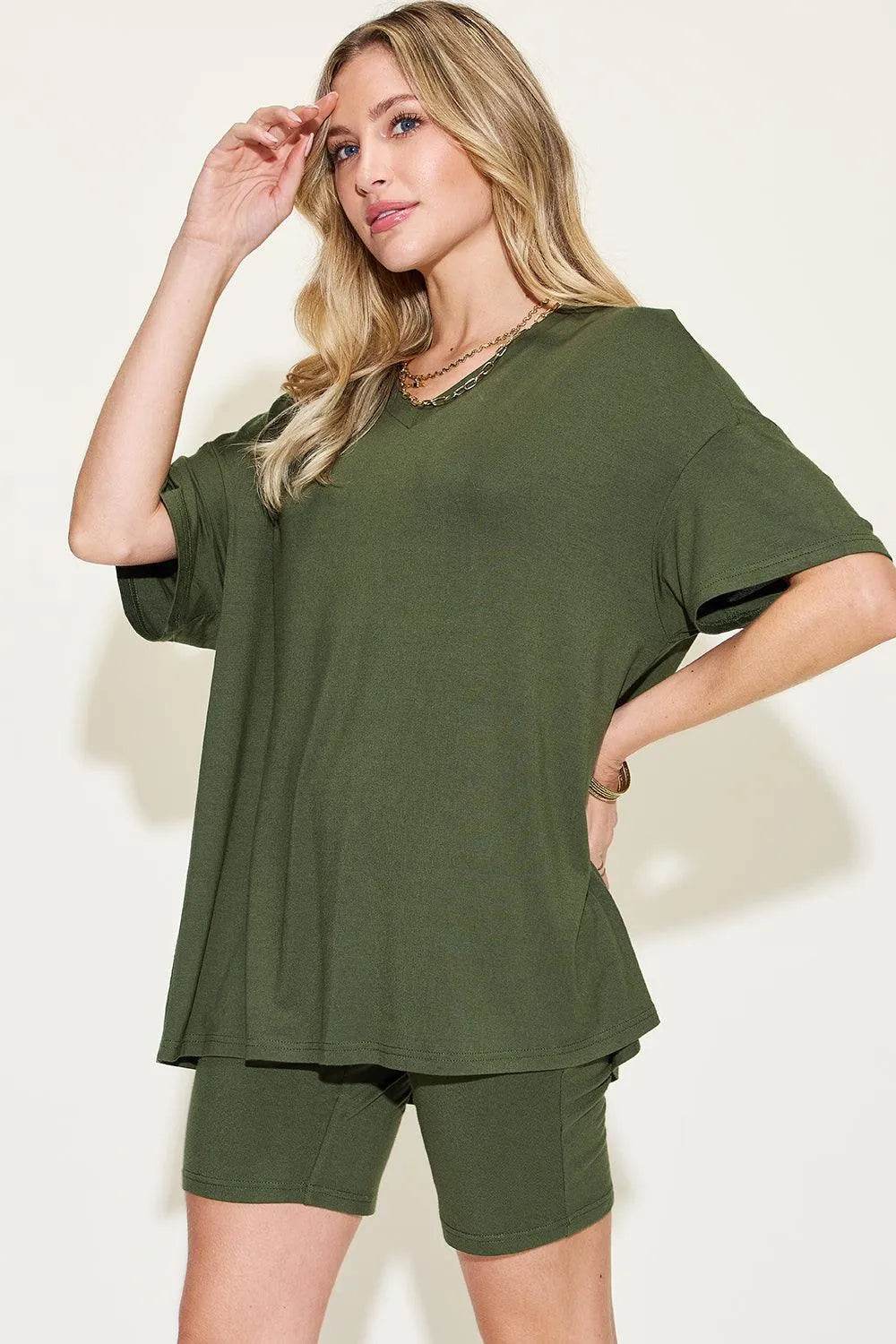 Full Size V-Neck Drop Shoulder T-Shirt & Shorts Set – Laid-Back Lounge Look | Bona Fide Fashion - Bona Fide Fashion