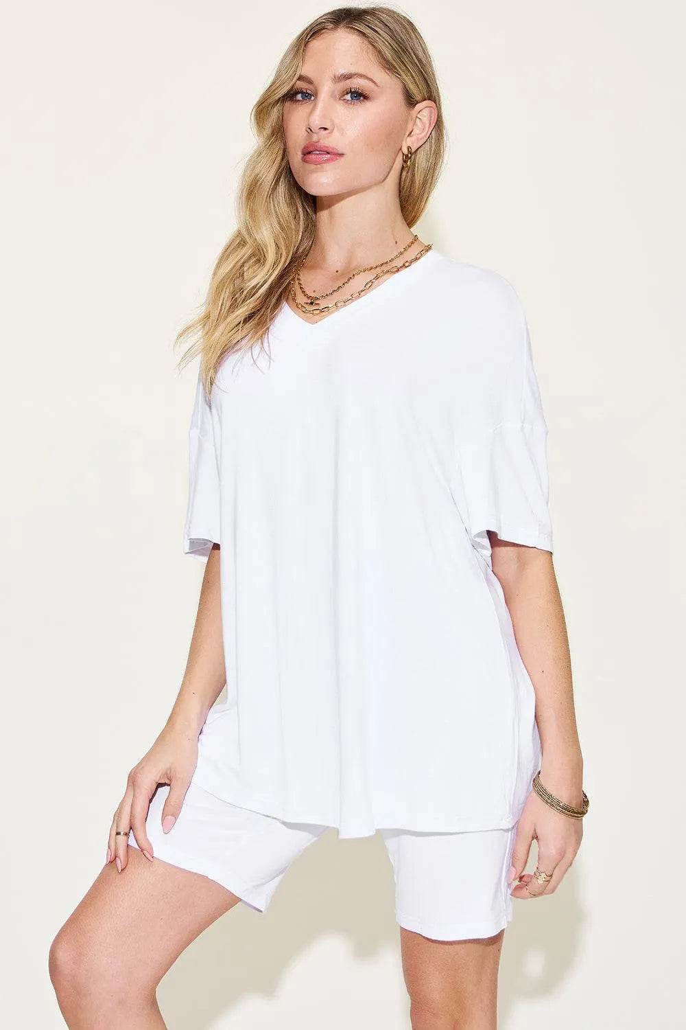Full Size V-Neck Drop Shoulder T-Shirt & Shorts Set – Laid-Back Lounge Look | Bona Fide Fashion - Bona Fide Fashion