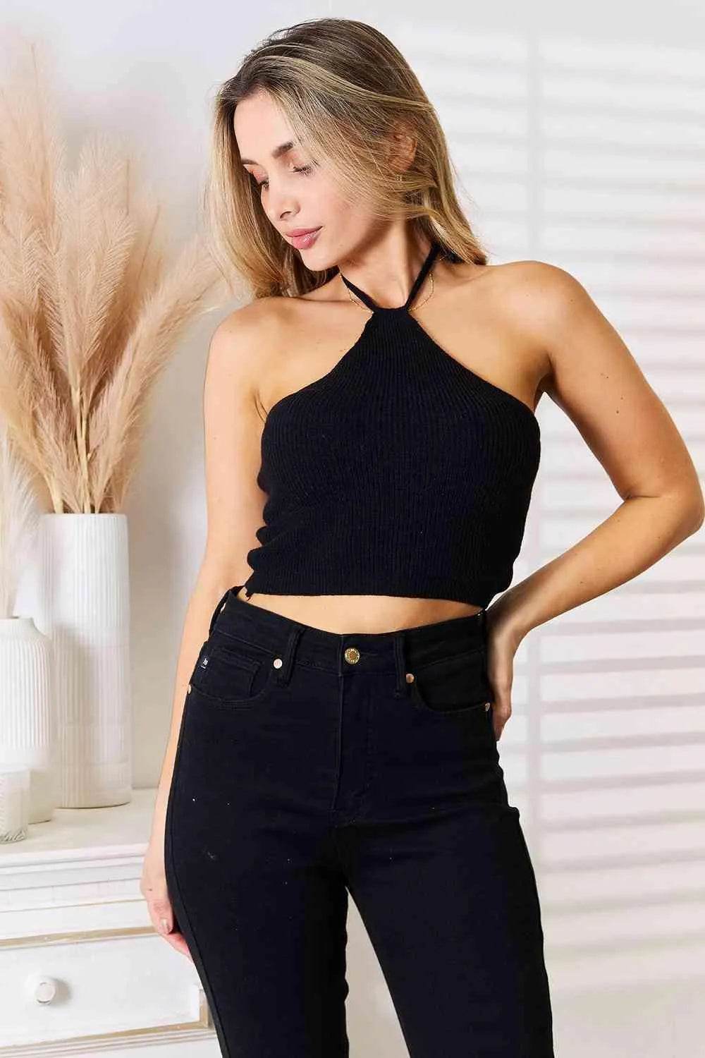 Halter Neck Ribbed Cropped Knit Top – Flirty & Fitted Style | Bona Fide Fashion - Bona Fide Fashion