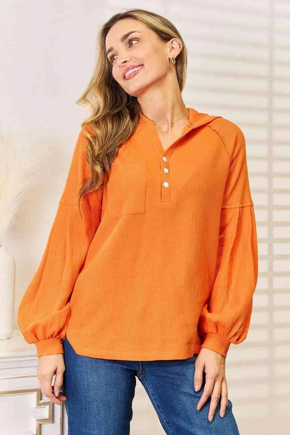 Side Slit Buttoned Waffle Knit Hoodie – Warmth with Style | Bona Fide Fashion - Bona Fide Fashion