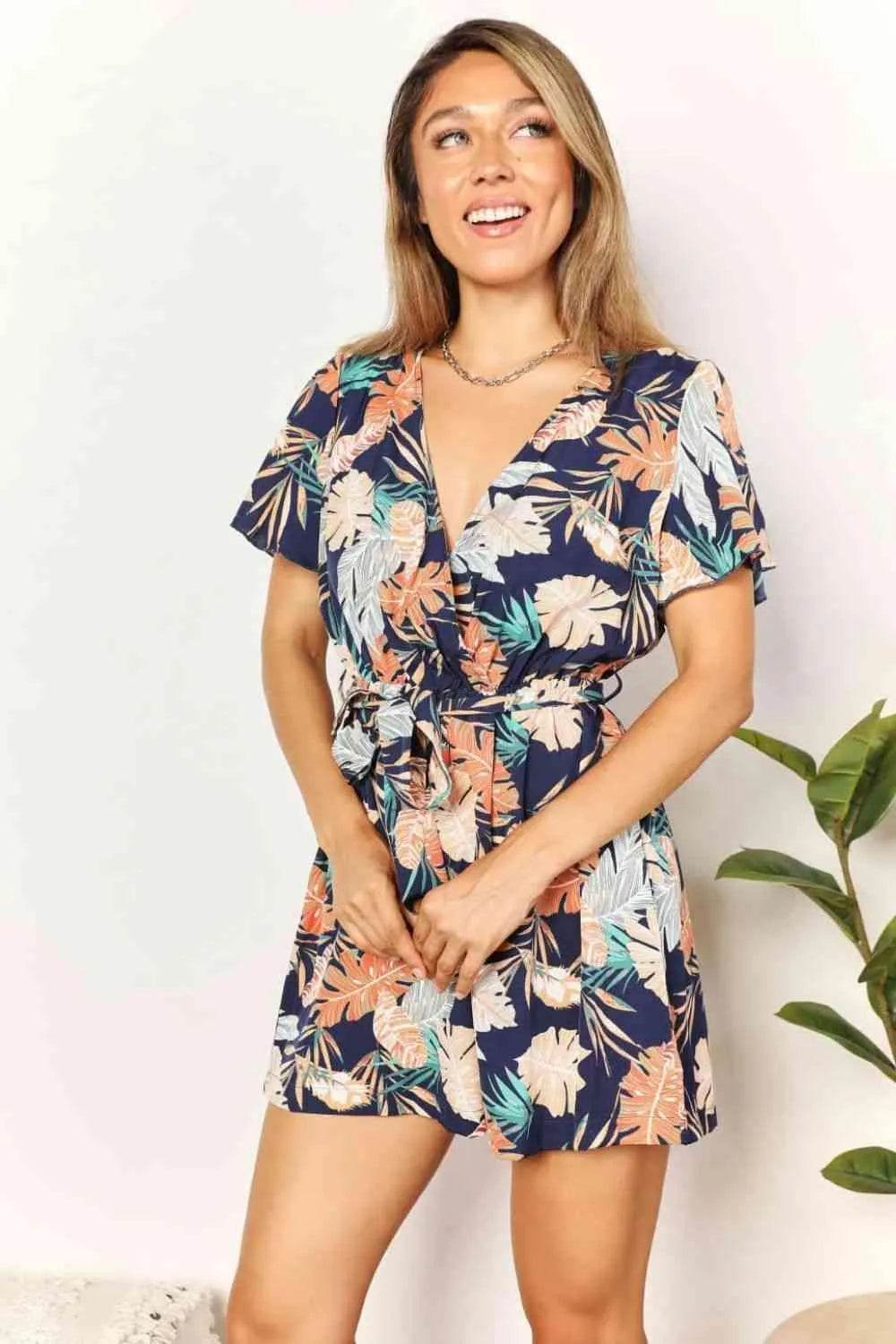 Botanical Print Surplice Neck Romper – Tie Waist & Fresh Style | Bona Fide Fashion - Bona Fide Fashion