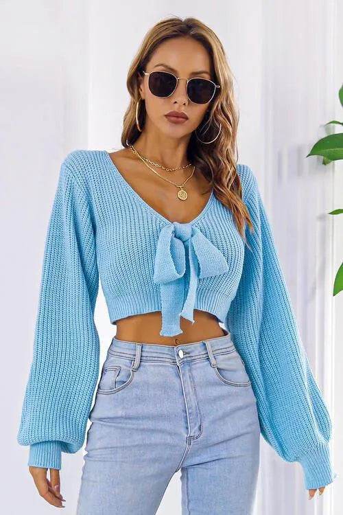 Bow V-Neck Cropped Sweater – Sweet & Stylish Long Sleeve Look | Bona Fide Fashion - Bona Fide Fashion