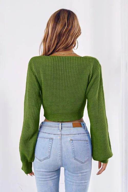 Bow V-Neck Cropped Sweater – Sweet & Stylish Long Sleeve Look | Bona Fide Fashion - Bona Fide Fashion